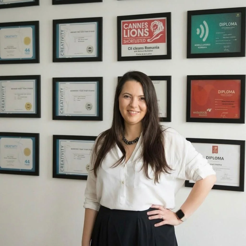 Diana Dragomir in front of the studio's awards wall — Cannes Lions, Creativity International, Effie